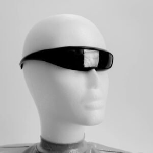 Minimalist image of a mannequin wearing futuristic sunglasses, showcasing a sci-fi vibe.